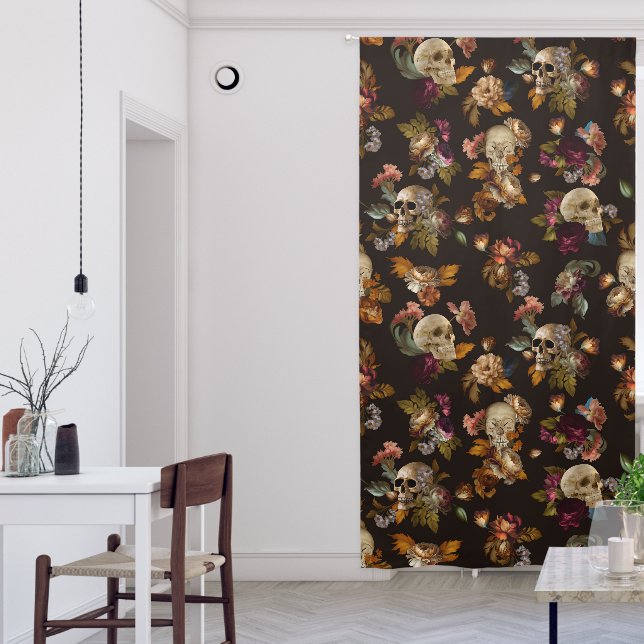 Gothic Moody Flowers With Skulls Blackout Curtains (Living Room)