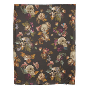 Gothic Moody Flowers With Skulls Duvet Cover