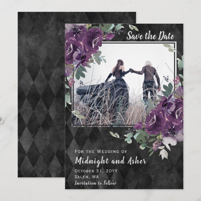 Gothic Moody Purple Floral Eucalyptus  Save The Date (Front/Back)