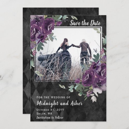 Gothic Moody Purple Floral Eucalyptus  Save The Date