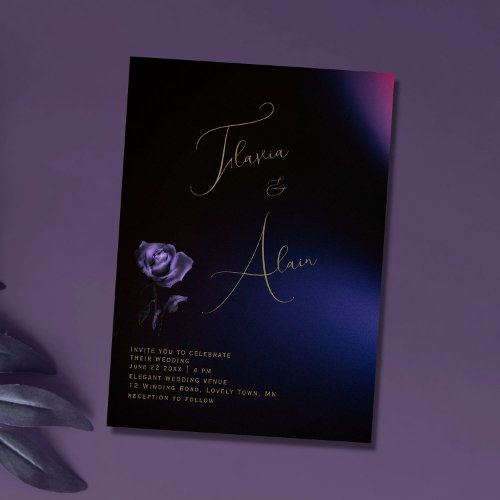 Gothic Moody Purple Rose Minimalist Script Wedding Invitation