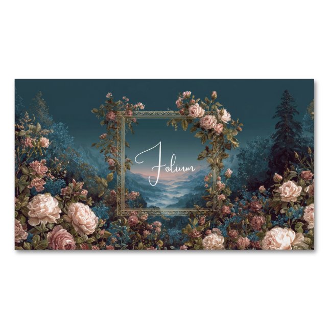 Gothic Moody Rose River Landscape Gold Frame Business Card Magnet (Front)