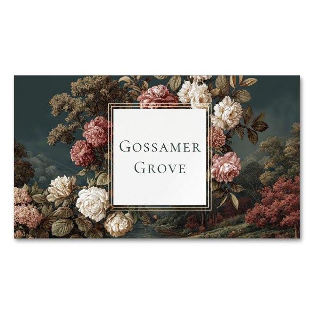 Gothic Moody Rose River Landscape Gold Frame Business Card Magnet (Front)