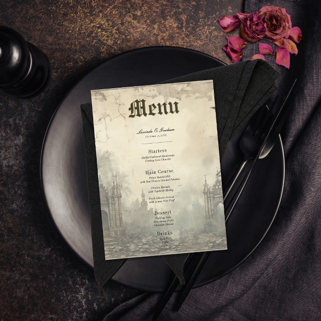 Gothic Moody Scenes Vintage Cream & Black Wedding Menu (Creator Uploaded)