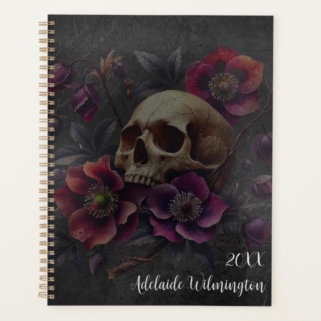 Gothic Moody Skull And Anemones Personalized Planner (Front)