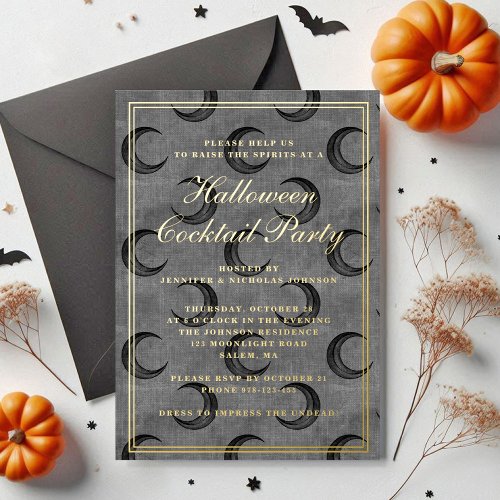 Gothic Moon Halloween Cocktail Party Gold Foil Invitation