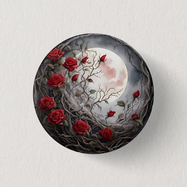 Gothic Moon & Red Rose Button (Front)