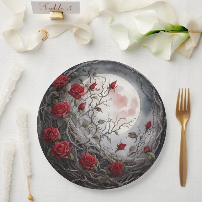 Gothic Moon & Red Rose Paper Plates (Wedding)