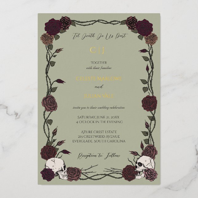 Gothic Moss Green Til Death Wedding Foil Invitation (Front)