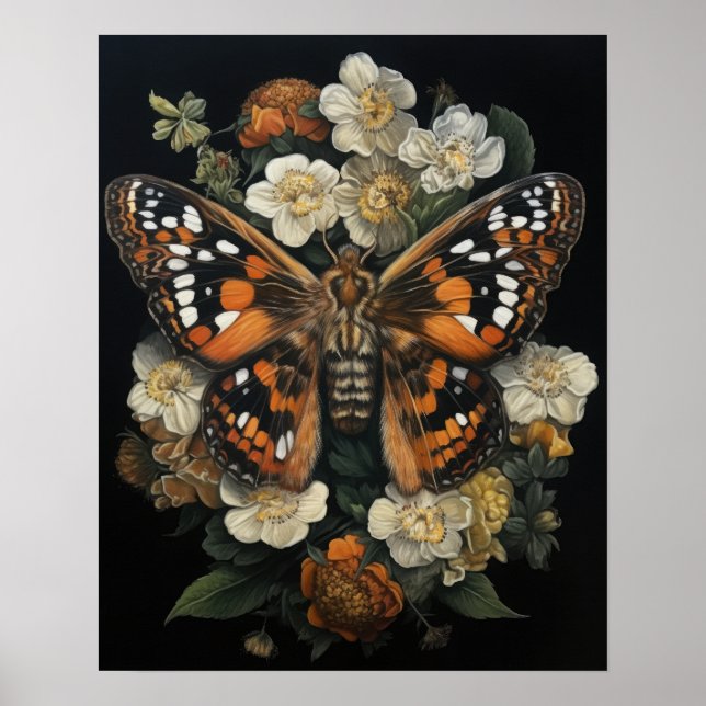 Gothic Moth And Flowers Art Print Poster (Front)
