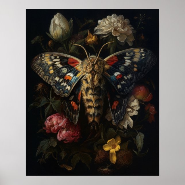 Gothic Moth And Flowers Art Print Poster (Front)