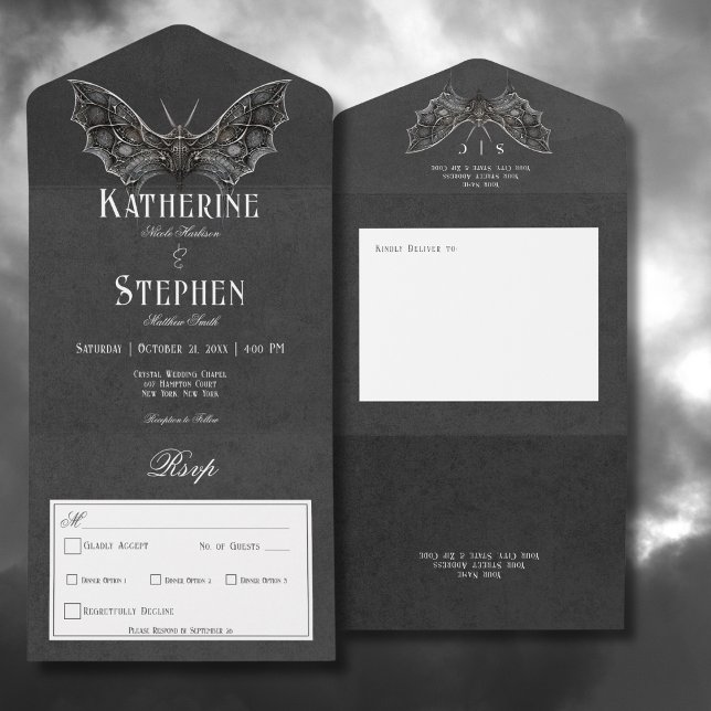 Gothic Moth Moody Black & White Dinner All In One Invitation (Gothic Moth Moody Black & White All In One Wedding Invitation with Dinner Options)