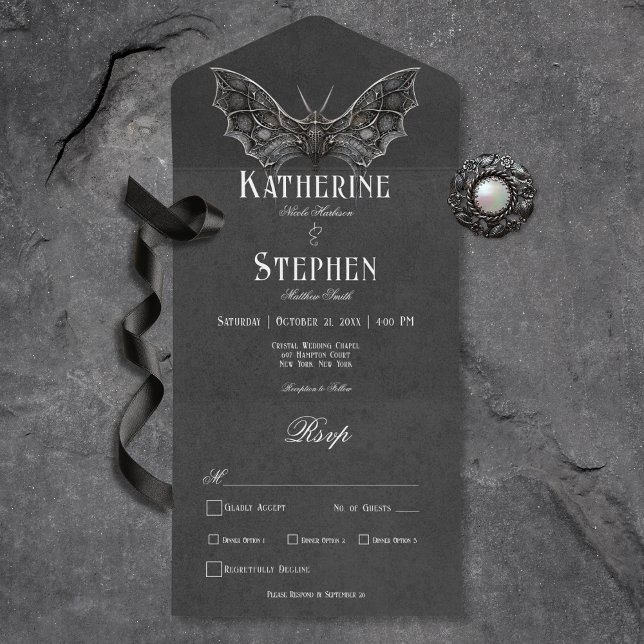 Gothic Moth Moody Black & White Dinner All In One Invitation (Gothic Moth Moody Black & White All In One Wedding Invitation with Dinner Options)