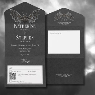 Gothic Moth Moody Black & White QR Code All In One Invitation
