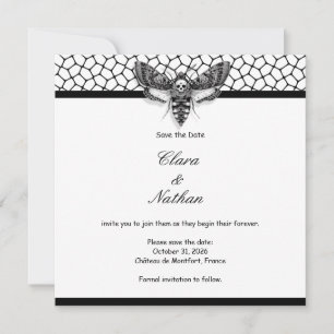 Gothic Moth Skull Save the Date – Elegant Black Invitation