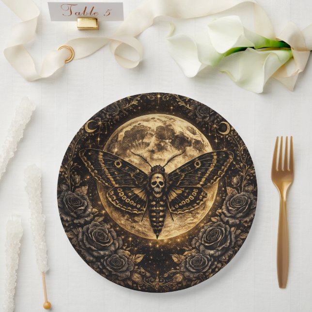 Gothic Moth Skull Wedding – Dark Elegant  Paper Plates (Wedding)