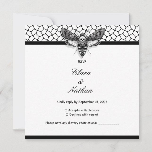 Gothic Moth Skull Wedding RSVP Card – Dark Elegant (Front)