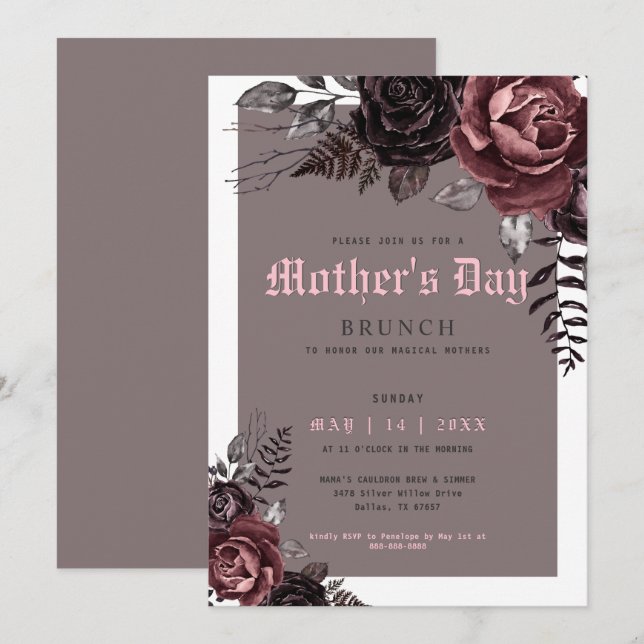 Gothic Mother's Day Brunch Burgundy Flowers Party Invitation (Front/Back)