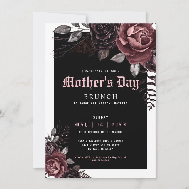 Gothic Mother's Day Brunch Party Burgundy Flowers  Invitation (Front)