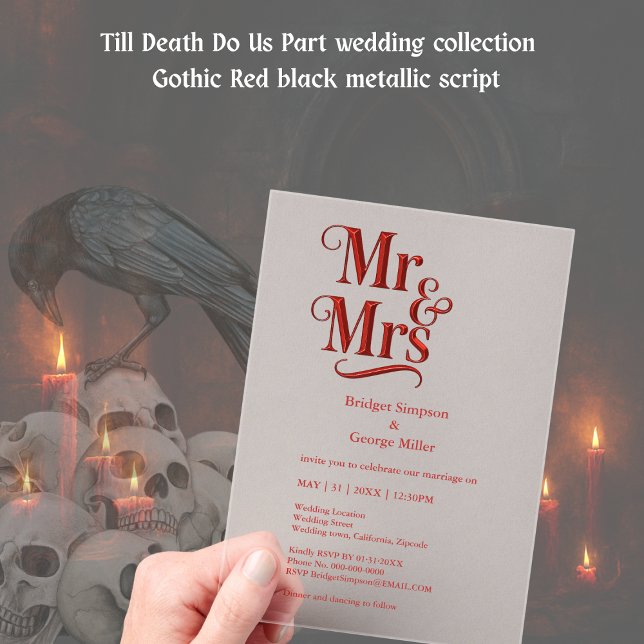 gothic Mr & Mrs  – Red Metallic Script  Acrylic Invitations (Creator Uploaded)