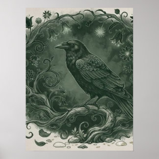 Gothic Mystical Raven Crow and Enchanted Forest Poster