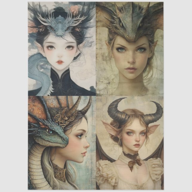 Gothic Mythological Nymph Fantasy Dragon Collage Tissue Paper (Front)