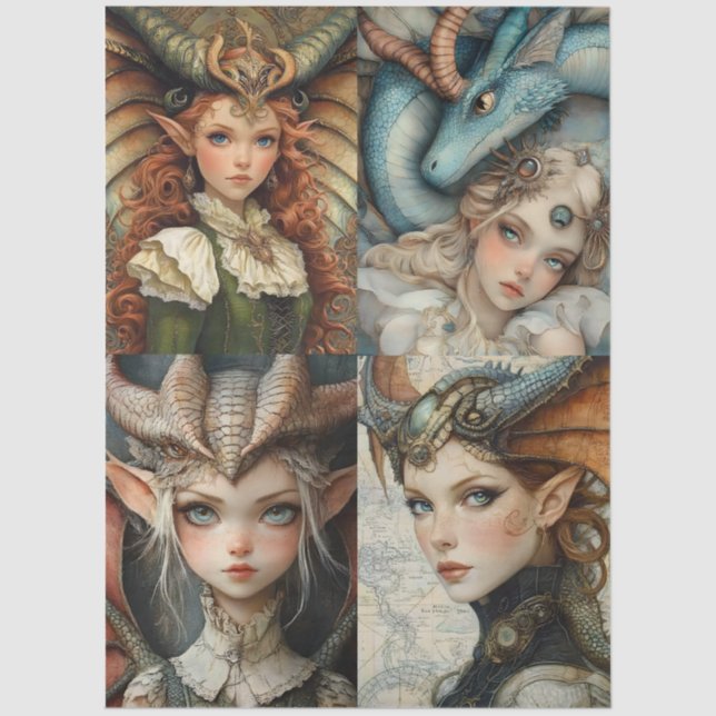 Gothic Mythological Nymph Fantasy Dragon Collage Tissue Paper (Front)