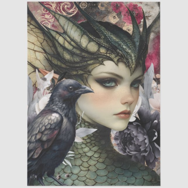 Gothic Mythological Nymph Fantasy Dragon Collage Tissue Paper (Front)