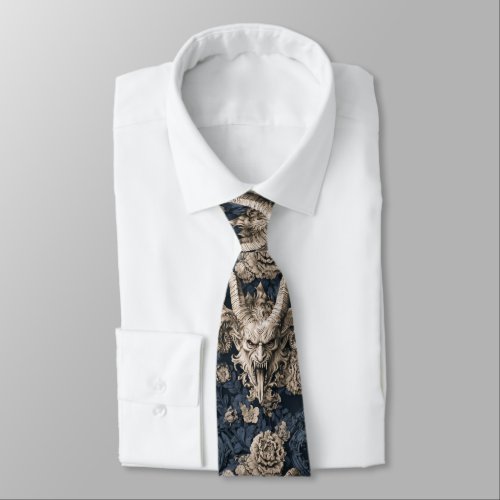 Gothic Navy and Cream Baroque Gargoyle Horned Demo Neck Tie