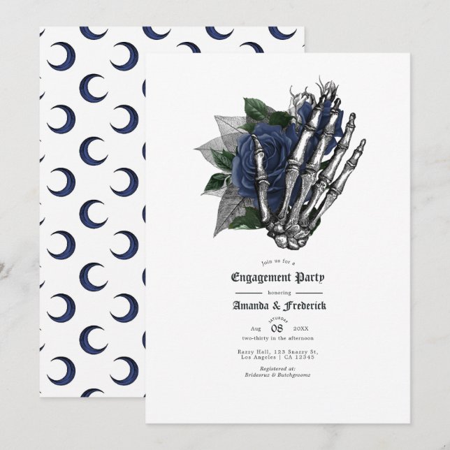 Gothic Navy Blue Roses & Skeleton Hand Engagement Invitation (Front/Back)