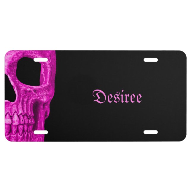 Gothic Neon Pink Black Skull Head License Plate (Front)