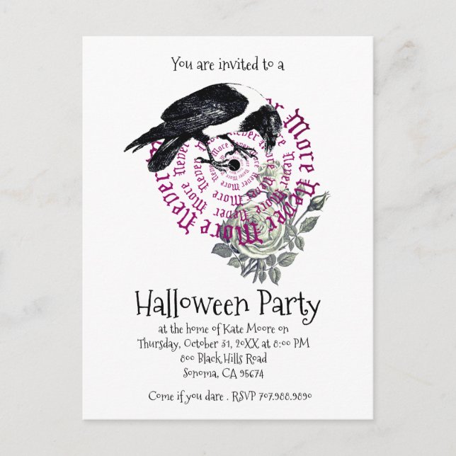 Gothic Never More Raven Halloween Party Invitation Postcard (Front)