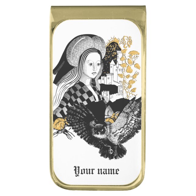 Gothic Night Owl and woman Gold Finish Money Clip (Front Vertical)