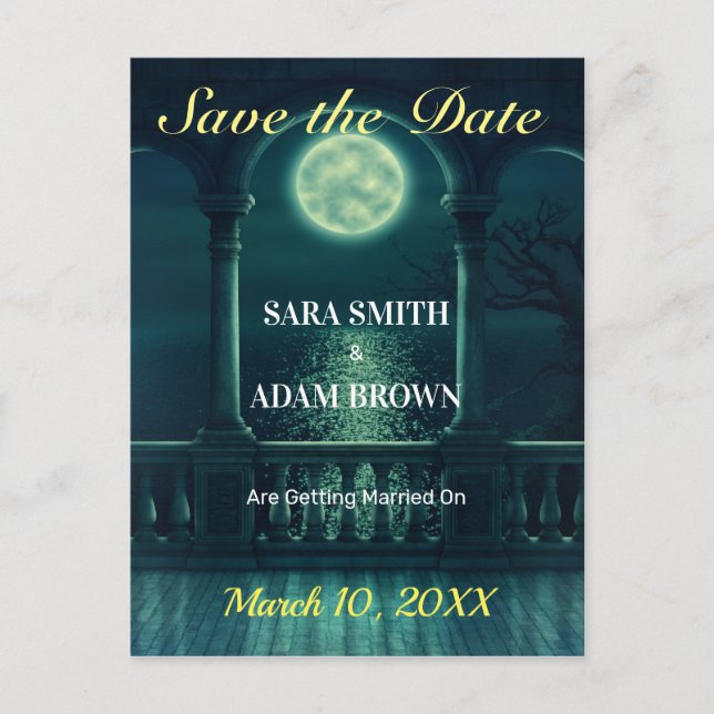 Gothic Night Save the Date Moon Silver Sea Announcement Postcard (Front)