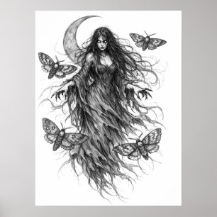 Gothic Night Witch and Luna Moth Dark Folklore Art Poster
