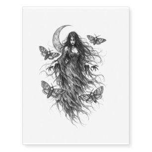 Gothic Night Witch and Luna Moth Temporary Tattoo