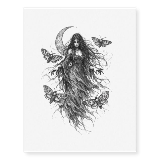 Gothic Night Witch and Luna Moth Temporary Tattoo (Front)