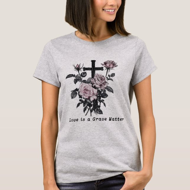 Gothic Occult Cemetery Roses and cross T-Shirt (Front)