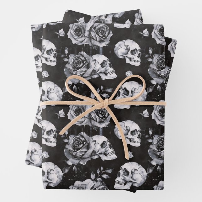 Gothic Occult Skull and Roses Wrapping Paper Sheets (In situ)