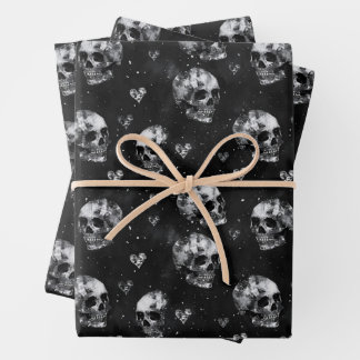 Gothic Occult Skulls with Hearts Wrapping Paper Sheets