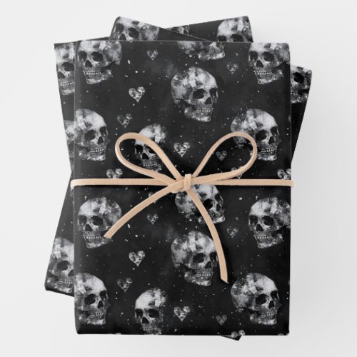 Gothic Occult Skulls with Hearts Wrapping Paper Sheets
