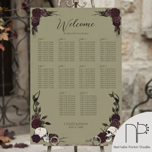 Gothic Olive Dark Floral Skull Seating Chart Sign