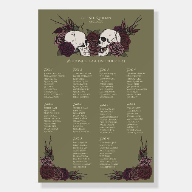 Gothic Olive Green Floral Skull Seating Chart Sign (Front)