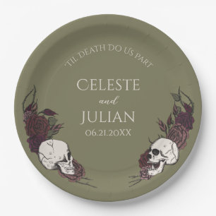 Gothic Olive Green Floral Skull Wedding Paper Plates
