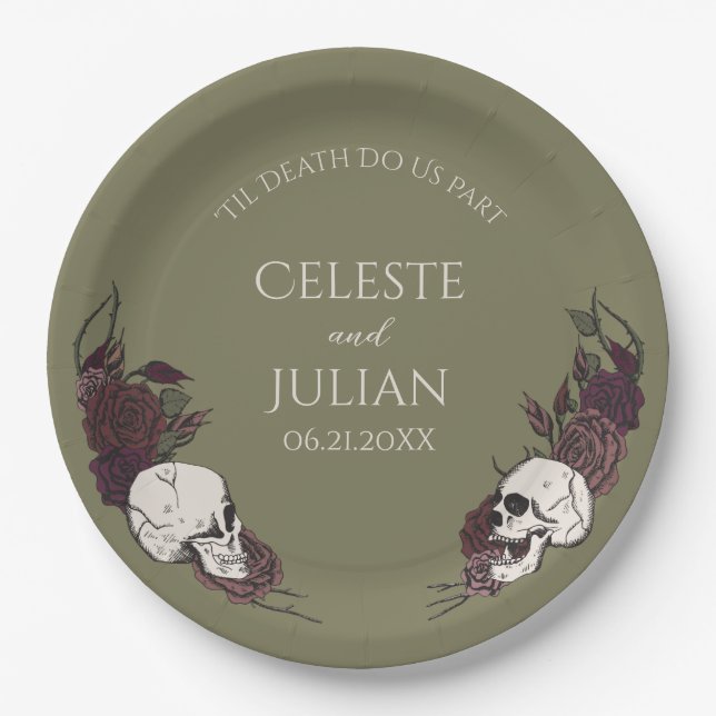 Gothic Olive Green Floral Skull Wedding Paper Plates (Front)