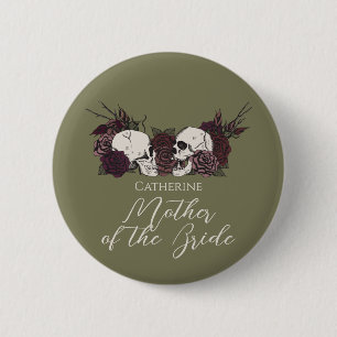 Gothic Olive Green Skull & Rose Wedding Party Button