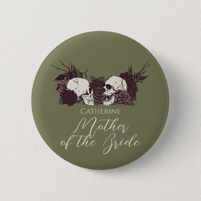 Gothic Olive Green Skull & Rose Wedding Party Button (Front)