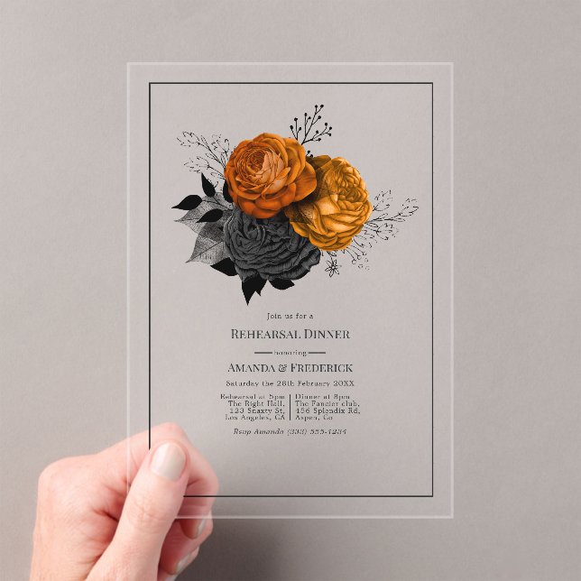 Gothic Orange and Black Floral Rehearsal Dinner Acrylic Invitations (Insitu (Handheld))