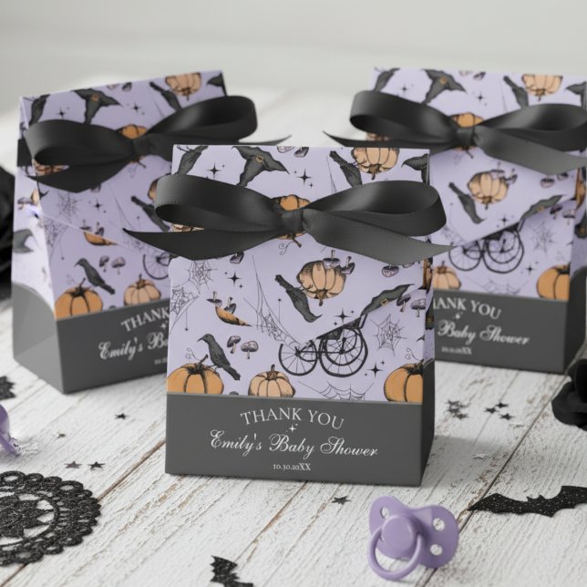 Gothic Orange Baby Carriage Baby Shower Thank You Favor Boxes (Gothic Halloween Baby Shower Favor Boxes. Purple Spooky Pattern-Carriage, Pumpkin, Raven, Witch Hat)