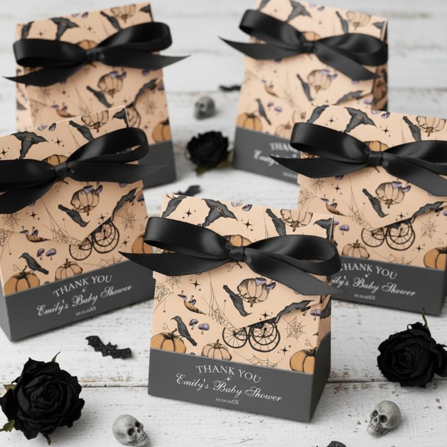 Gothic Orange Baby Carriage Baby Shower Thank You Favor Boxes (Gothic Halloween Baby Shower Favor Boxes. Orange Spooky Pattern-Carriage, Pumpkin, Raven, Witch Hat)